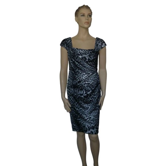 Tadashi Shoji NWT Leopard Ruched Sheath Dress Grey Black Animal Print Drape 4 - Picture 1 of 3